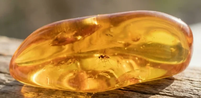 Close up of a fossilized insect in amber and electricity concept.