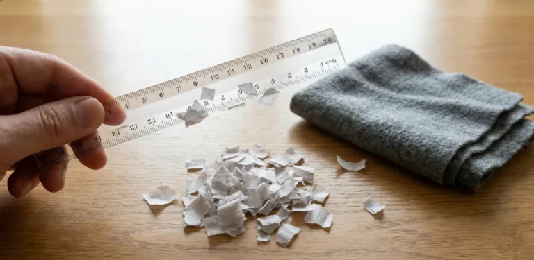 A person holding a clear plastic ruler that has been rubbed with a cloth to attract small bits of paper through static electricity.