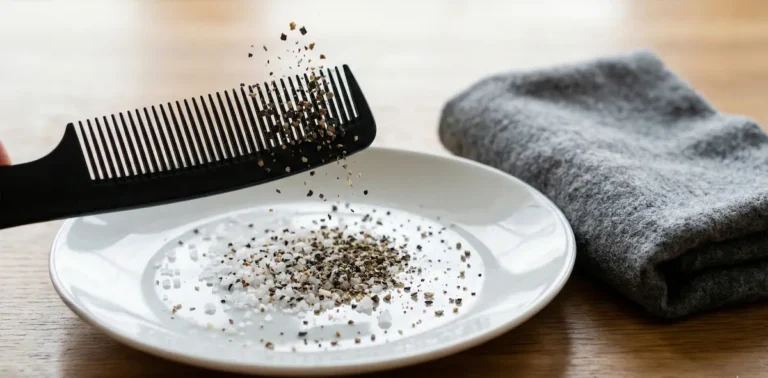A black comb held over a plate of mixed salt and pepper, with the lighter pepper flakes jumping up and sticking to the comb due to static electricity.