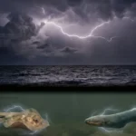 A split-composition illustration. The top half shows a dark, stormy ocean with bright lightning striking the water. The bottom half shows an underwater view with a Torpedo Ray and an Electric Eel swimming, glowing with faint blue bio-electricity.