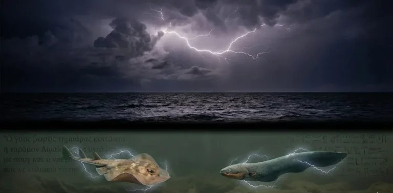 A split-composition illustration. The top half shows a dark, stormy ocean with bright lightning striking the water. The bottom half shows an underwater view with a Torpedo Ray and an Electric Eel swimming, glowing with faint blue bio-electricity.