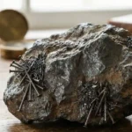 A large, rough piece of black lodestone sitting on a wooden desk, with several iron nails sticking to its surface due to natural magnetism.