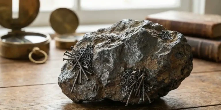 A large, rough piece of black lodestone sitting on a wooden desk, with several iron nails sticking to its surface due to natural magnetism.
