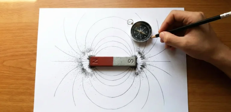 A top-down view of a science experiment showing a hand using a pencil and a small compass to draw curved magnetic field lines around a red and silver bar magnet on a sheet of white paper.