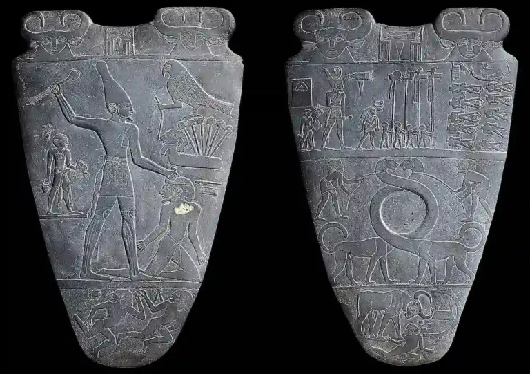 The Narmer Palette (c. 3100 BCE). At the top center, between two bovine heads, is a square frame containing the hieroglyphs for a catfish (Nar) and a chisel (Mer).