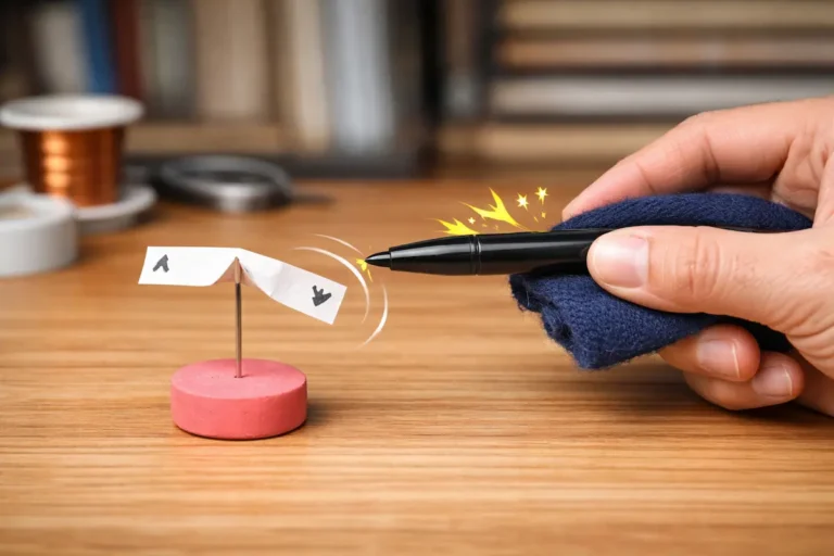 A pen charged with static electricity to make a small paper pinwheel spin on a wooden table.
